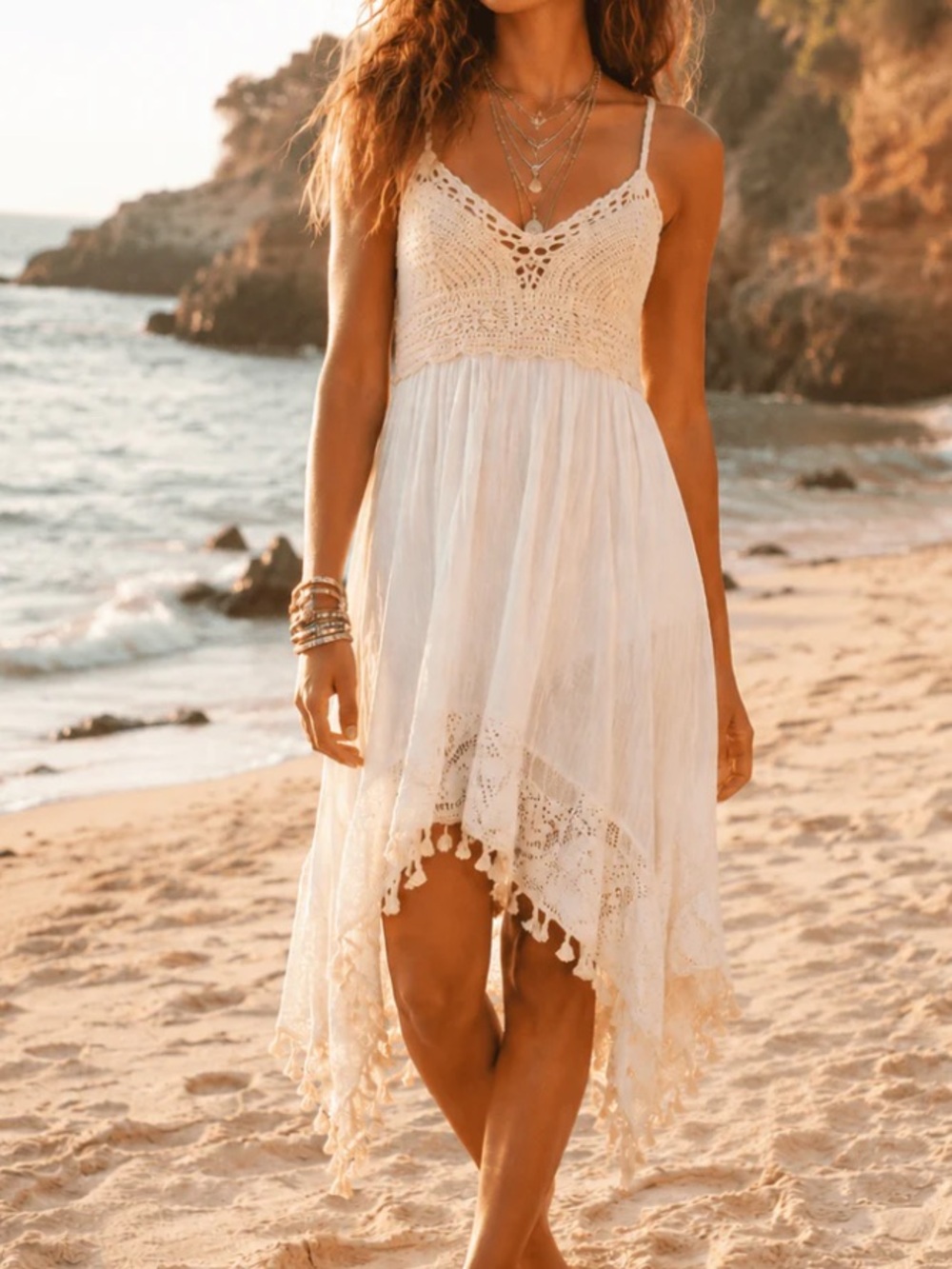 Boho NWT sea days Crochet Bodice White & tan Boho Handkerchief mini Dress S-M-L